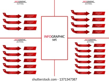 A set of infographics in the form of red arrows that indicate signs.It contains a pattern of 3,4,5,6 elements.Can be used as a business,advertising,presentation,process diagram,banner,concepts,tables.