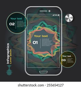 set of infographics with sound waves on dark background with smartphone