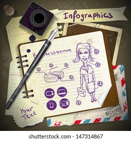 Set for infographics with stationery and business woman drawing ink