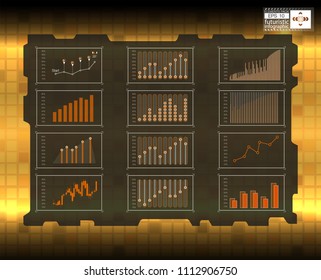 A set of infographics and statistics elements in a futuristic style. Orange background. The background can be used separately. Vector file.