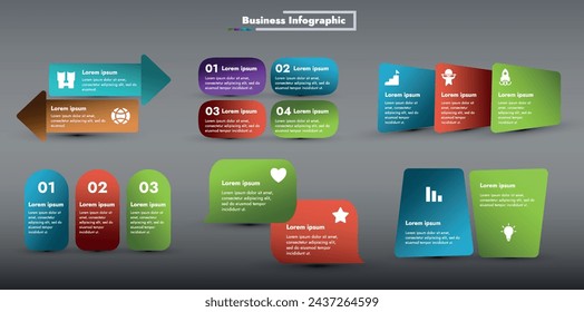 Set of infographics with steps illustrating the process of business development and achieving success through teamwork. Bright colors and icons give the picture a modern look.