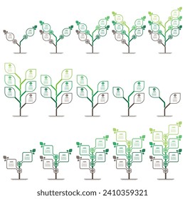 Conjunto de infografías o líneas de tiempo con 2, 3, 4, 5 y 6 partes. Desarrollo y crecimiento de la tecnología verde en el mundo. Presentación empresarial con pasos o procesos. Infografía.