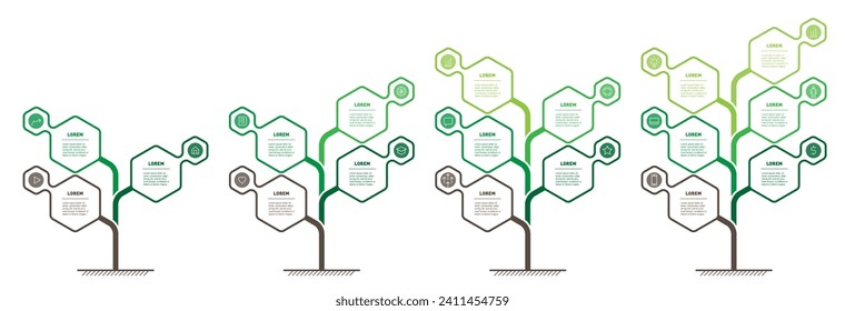 Set of infographics or timelines with 3, 4, 5 and 6 parts. Development and growth of the green technology and science in the world. Business presentation with steps or processes. Info graphic.