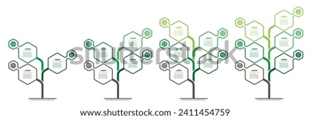 Set of infographics or timelines with 3, 4, 5 and 6 parts. Development and growth of the green technology and science in the world. Business presentation with steps or processes. Info graphic.