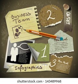 set of infographics from torn pieces of paper in vintage style scrapbooking with pencil
