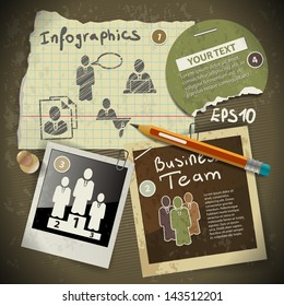 set of infographics from torn pieces of paper in vintage style scrapbooking with pencil drawing