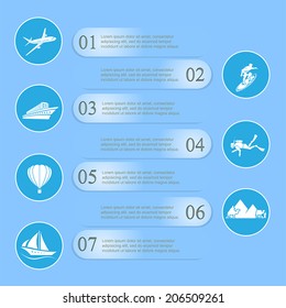 Set of infographics with travel icons on blue background, illustration.