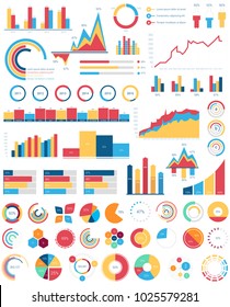 Set For Infographics Various Design Elements With Bar Or Circle, Area Filling Or Pie, Linear Charts And Step Diagram For Statistic Document Or Report. Visualization Poster Template For Analytics