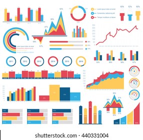 Set for infographics various design elements with bar or circle, area filling or pie, linear charts and step diagram for statistic document or report. Visualization poster template for analytics