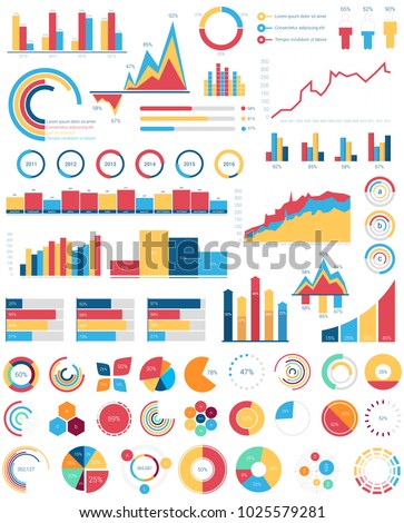 Set for infographics various design elements with bar or circle, area filling or pie, linear charts and step diagram for statistic document or report. Visualization poster template for analytics