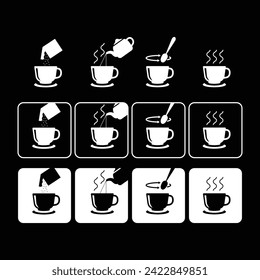 set of infograsphic brewing instant powder for drink instruction such as collagen, instant tea, cocoa, coffee, milk, outline design vector illustration