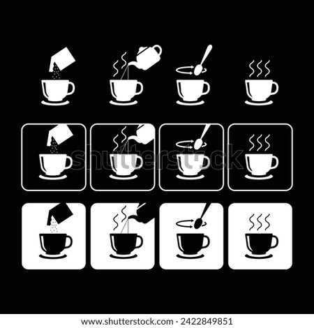 set of infograsphic brewing instant powder for drink instruction such as collagen, instant tea, cocoa, coffee, milk, outline design vector illustration
