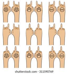 Set of informal emotions. Hand emotions. Devil emotions. Anarchy emotions. Middle finger emotions. Rock emotions. Emotions icons. Emotions illustration. Antisocial emotions. Emotions. Attitude emotion