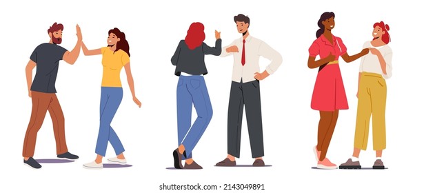 Set Informal Greetings, Happy People Giving High Five Isolated on White Background. Cheerful Friends or Colleagues Male Female Characters Meet, Happiness Expression. Cartoon People Vector Illustration