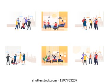 Set of informal talk and bullying. Flat vector illustrations of group mocking mate, friends sitting on couches. Communication, aggression concept for banner, website design or landing webpage