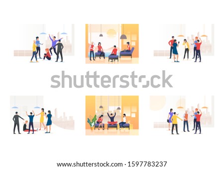 Set of informal talk and bullying. Flat vector illustrations of group mocking mate, friends sitting on couches. Communication, aggression concept for banner, website design or landing webpage