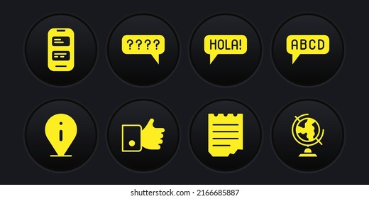 Set Information, Alphabet, Hand like, Notebook, Hola in different languages, Speech bubbles with Question, Earth globe and Online translator icon. Vector