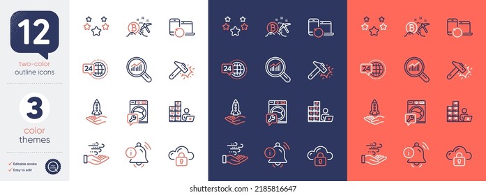 Set of Information bell, Stars and Crowdfunding line icons. Include Bitcoin mining, Wind energy, Inventory icons. 24h service, Hammer blow, Washing machine web elements. Recovery devices. Vector