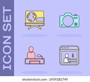 Set Information, Breaking news, Television report and Photo camera icon. Vector