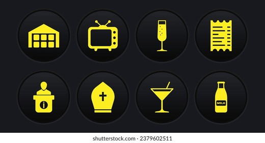 Set Information desk, Paper financial check, Pope hat, Martini glass, Glass of champagne and Television tv icon. Vector