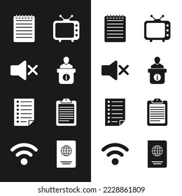 Ajuste el escritorio de información, el altavoz silenciado, el portátil, la televisión, el documento y el portapapeles con el icono de documento. Vector