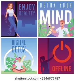 Set of Information and Digital detox concept. Vector illustration of person meditating in lotus pose in nature, going offline. Young female stepping out of the mobile phone huge screen, enjoy reality.