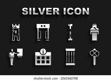 Set Information, Gives lecture, Stone age hammer, Ancient column, Museum guide, Human broken bone, Castle tower and Metal detector icon. Vector