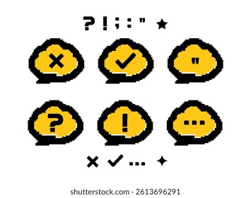 set of information icon for quiz with question, check, cross, answer mark in gold. modern retro trendy pixel art decoration elements vector illustration for game or any template