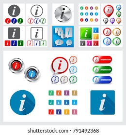 Set of information icons and logos in speech bubbles
and buttons isolated on white background. 
Trendy flat design. Contour line style. Vector illustration
