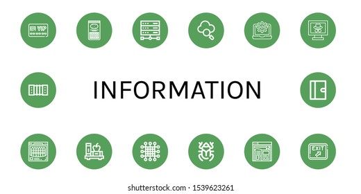 Set of information icons. Such as Member card, Sticks, Server, Cloud, Code, Webpage, Crayon, Book, Net, Beetle, Ebook, Exit, Harmonic, Journal , information icons