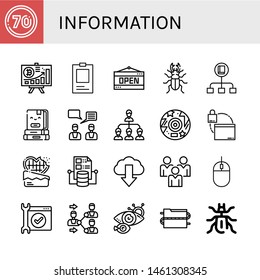 Set of information icons such as Speed limit, Diagram, ID, Open, Beetle, Flow, Books, Feedback, Network, Disc, Web, Chocolate, Cloud computing, Download, Social media , information