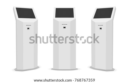 Set of information kiosks with blank screens isolated on white background. Payment terminal mockup. Vector illustration