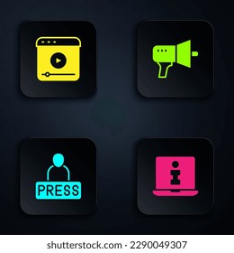 Set Information, Live stream, Journalist news y Megaphone. Botón cuadrado negro. Vector