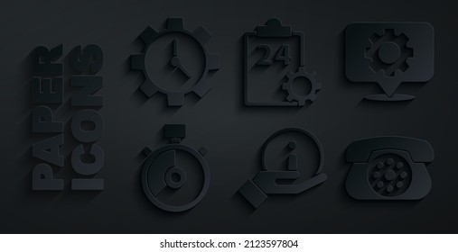 Set Information, Location with gear, Stopwatch, Telephone, Checklist 24 hours service and Time Management icon. Vector