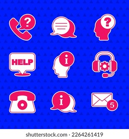 Establecer información, nuevo, mensaje entrante por correo electrónico, audífonos, soporte telefónico las 24 horas, burbuja de voz con ayuda de texto, signo de interrogación e icono. Vector