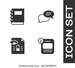 Set Information, Notebook, Journalistic investigation and Speech bubble chat icon. Vector