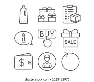 Set of Information, Person and Parcel checklist icons. Sale offer, Shampoo and Surprise boxes signs. Buying, Dollar wallet and Loop symbols. Info center, Edit profile, Logistics check. Vector