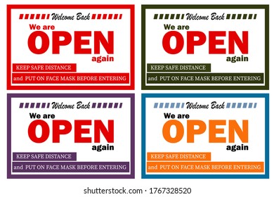 Set Information plate. Information plate on the front door we are open again. Put on face mask before entering and keep safe distance. Opening of a shop, cafe, office after coronavirus quarantine. Ill