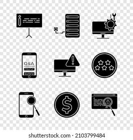 Set Information, Server, Computer monitor service, Mobile phone diagnostics, Coin money with dollar, System bug concept, Question and Exclamation and Monitor exclamation mark icon. Vector