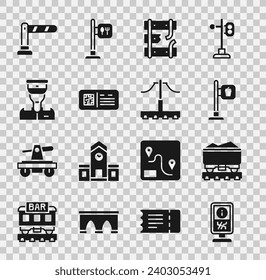 Pista de información, vagón de tren de carbón, ubicación del restaurante del café, ferrocarril de vías rotas, boleto de código QR, conductor de tren, barrera ferroviaria e icono. Vector