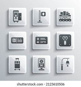 Set Information stand, Train station bell, Repair of railway, Road traffic signpost, Suitcase, QR code ticket train, Toilet the car and Cargo wagon icon. Vector