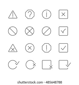 A set of information symbols of thin lines. Icons help, information, check, delete and attention. Vector illustration.