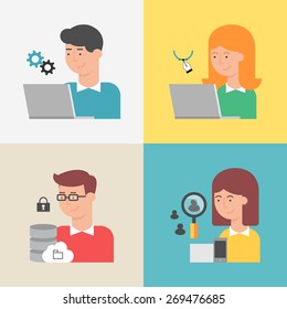 Set of information technologies specialists: programmer, designer, system administrator, manager. Flat style