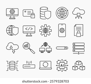 Set of information technology icon in thin line. Collection of icons related to internet or network, including software, hardware, programming,block chain, etc. Editable stroke