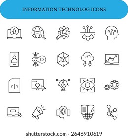 Set of information technology icons in line art style.