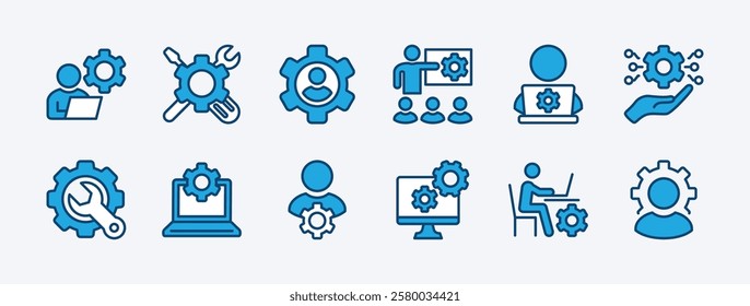 Set of information technology manager icon. Containing specialist, expert, professional, service, technician, work, engineer, workshop, installer, employee, project. Vector illustration