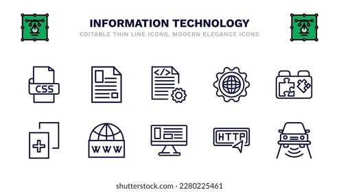 Satz von Informationstechnologie-Thin-Line-Symbolen. Symbole der Informationstechnologie wie Artikel, Compiler, Cyberspace, Plugin, Duplikat, Duplikat, Web-Domain, adaptives Layout, http, Smart Car