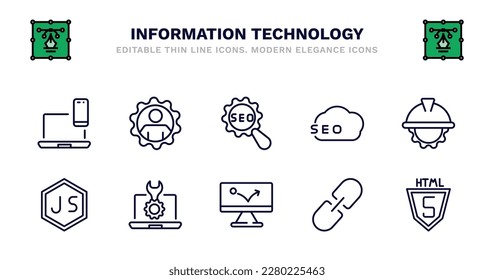 conjunto de iconos de la línea delgada de la tecnología de la información. iconos de esquema de tecnología de la información como seo management, seo settings, seo, ingeniería, js, js, tools, publicidad bounge, hiperenlace, html5