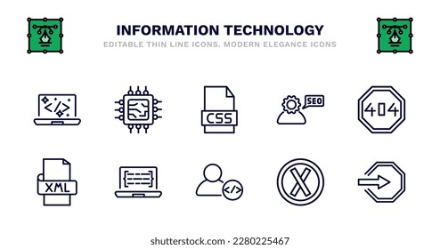 set of information technology thin line icons. information technology outline icons such as hardware, css file format, seo consulting, error 404, xml, xml, code listing, developer, error, login