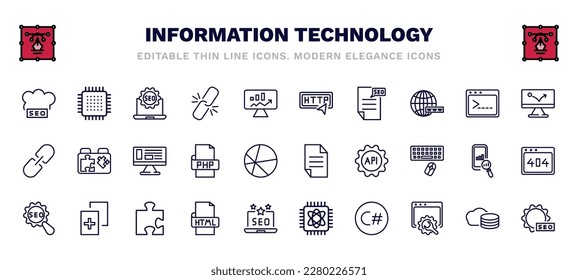 set of information technology thin line icons. information technology outline icons such as seo cloud, seo badge, http, advertising bounce, adaptive layout, page, seo configuration, html, c sharp,